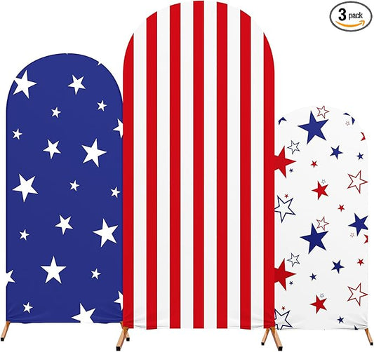 Set of 3 Patriot Day Arch Cover Theme Decoration, Veterans Day Blue and Red Print Arch Cover Stretch Spandex Fitted for Birthday Party, 4ft, 5ft, 6ft(Star)