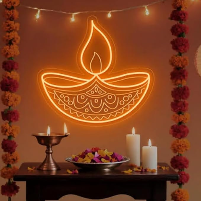 Diwali Diya Light Neon Sign, Happy Diwali LED Neon Light, Indian Diwali Party Home Wall Decor Hindu Festival Of Lights Size:20 x 18inches