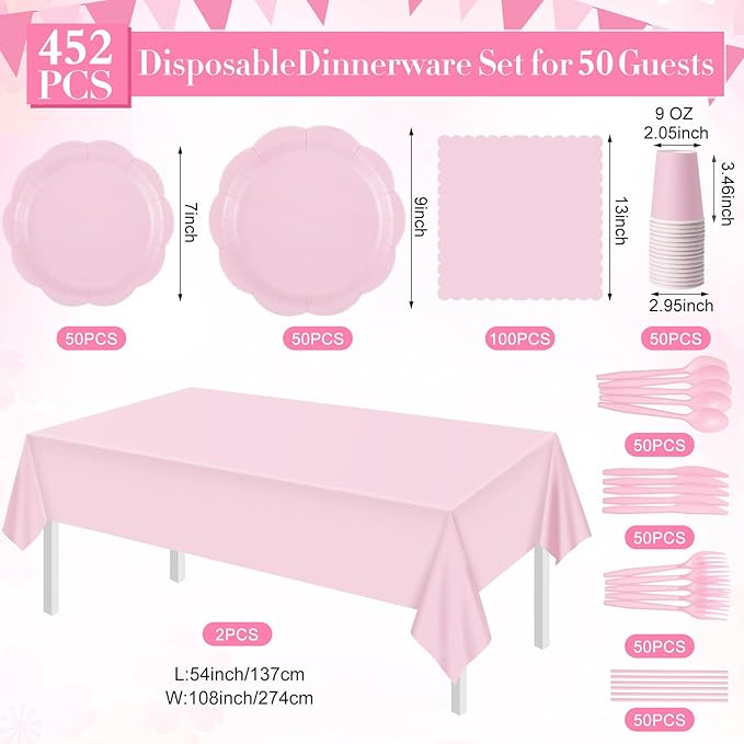 452 Pcs Pink Party Supplies for 50 Guests, Light Pink Scalloped Paper Plates Napkins Cups Plastic Tablecloth Cutlery Straws for Baby Bridal Shower, Birthday Wedding Party Decoration