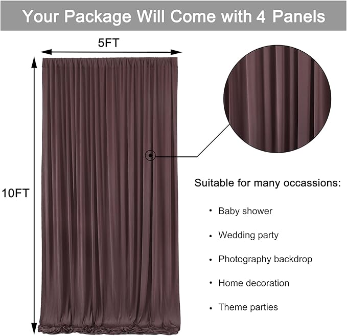 20 ft x 10 ft Wrinkle Free Brown Backdrop Curtain for Parties, Wedding Brown Photo Backdrop Drapes, Fabric 4 Panels 5ft x 10ft for Baby Shower Photoshoot Engagement Birthday Photography Background
