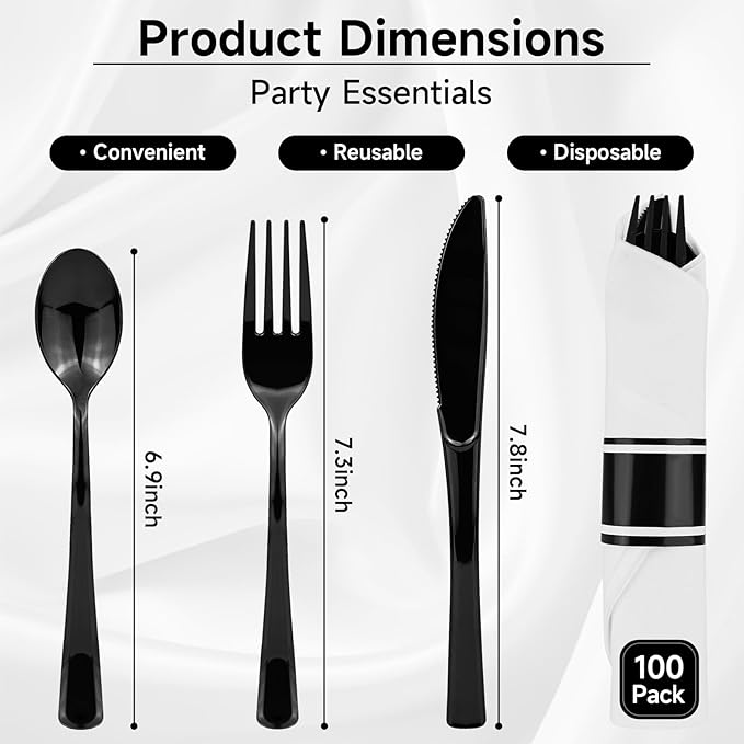 100Pack Black Plastic Silverware, Disposable Plastic Silverware with Napkins, Pre Rolled Black Spoons Forks Knives wiht Napkins, Heavy Duty Wrapped Cutlery Set for Party Wedding