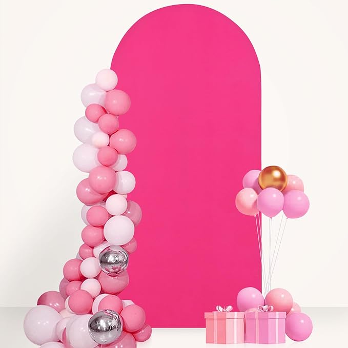 Metal Arch Backdrop Stand and Arch Cover 7.2FT Wedding Arch Stand with Hot Pink Backdrop Cover 2 Sides Spandex Fitted Arched Stands with Covers Set for Bridal Shower Banquet Decorations