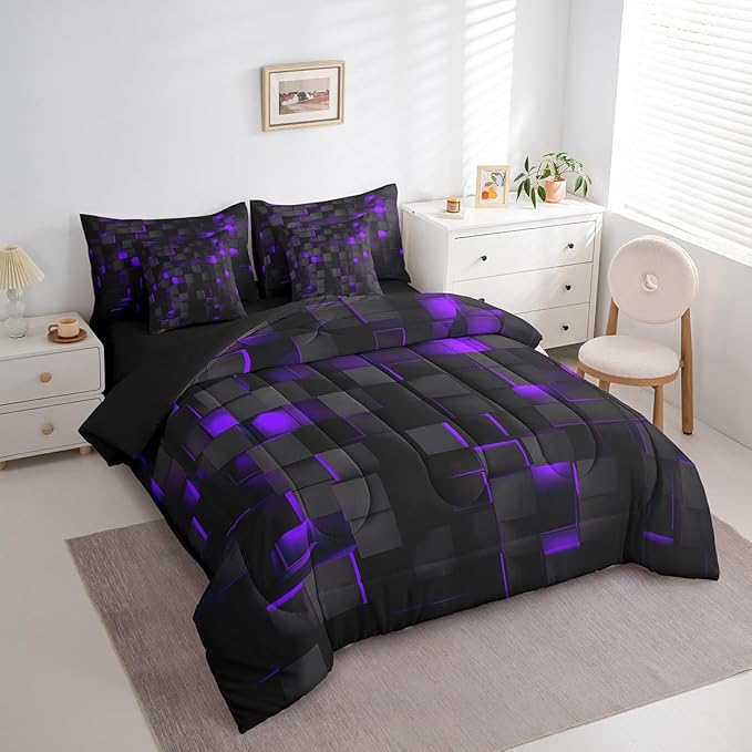 Feelyou Purple and Black Bedding Set Twin Size Kids Light Geometric Comforter Set with Sheets 7 Piece Bed in a Bag forModern Bed Set with Comforter,Sheets,Pillowcases,Cushion Covers
