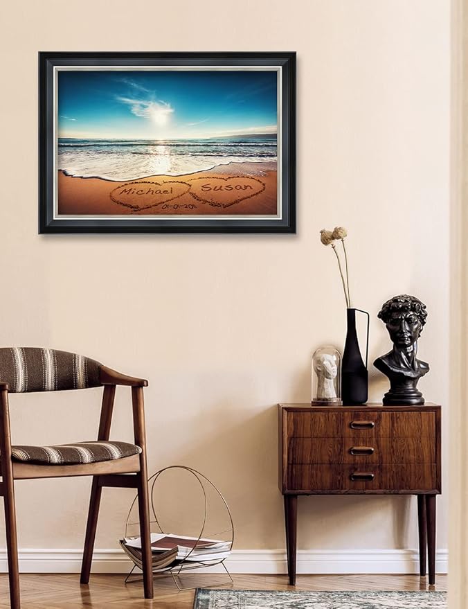 IPIC - Heart in Heart Personalized Wall Art, Customized Gift with Names and Date, Giclee Prints Framed in Solid Wood, Total Size: 27.25" W x 19.25" H