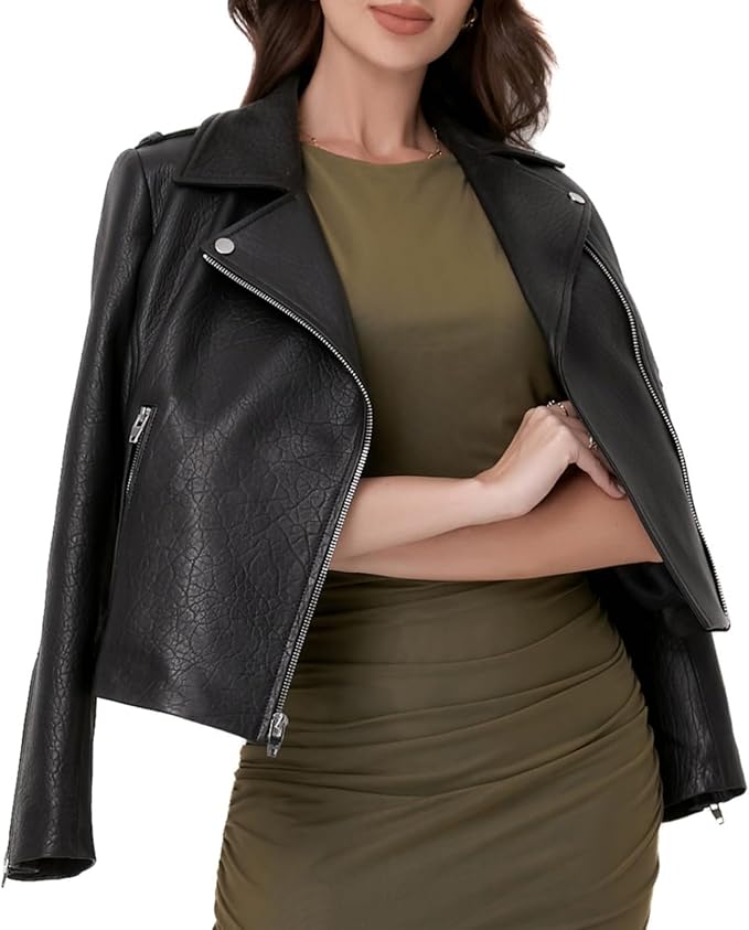 SILVER FASHIONS Lambskin Leather Jacket Women,Motorcycle Jacket,Asymmetrical Zip Style,Buckle Belts,Quilted Details