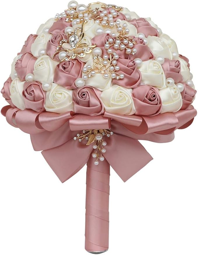 Handmade Wedding Bride Bridesmaid Bridal Bouquet Rose Holding Toss Artificial Flowers Bouquets with Satin Ribbon Pearls Rhinestone for Wedding Celebration Valentine’s Day Parties Bouquet Decor