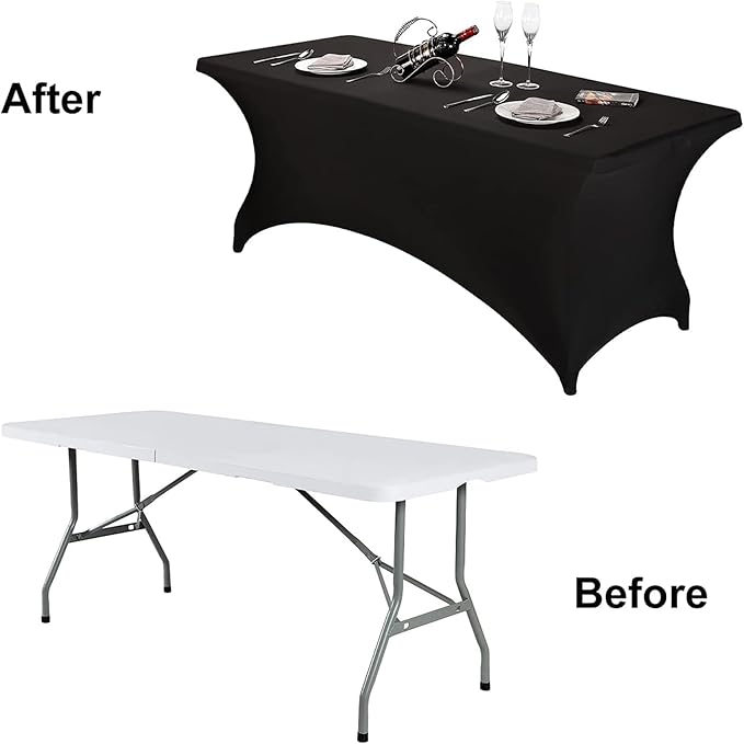 FORLIFE 6Pack Spandex Table Covers 6ft，Fitted Tablecloth for 6ft Rectangular Tables, Stretch Patio Table Covers, Universal Spandex Table Cover for Wedding, Banquet, Party - Black