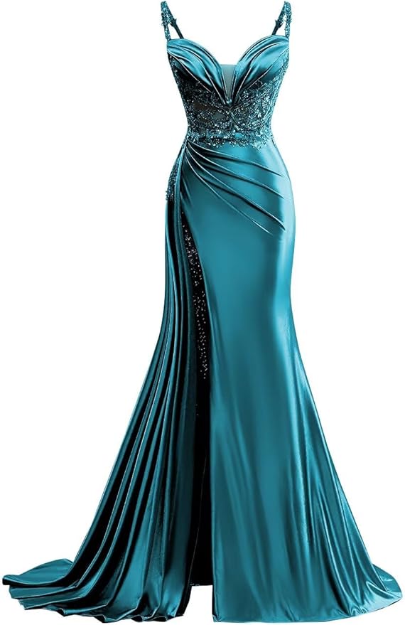 V Neck Satin Prom Dresses Long Mermaid Lace Evening Gown with Slit Pleated Bodycon Formal Dress with Tail