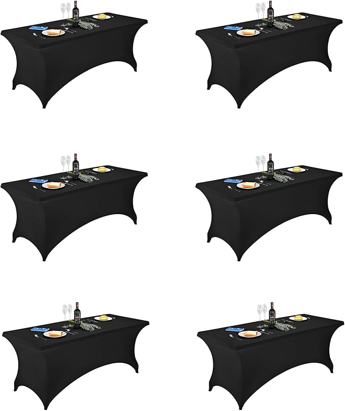 FORLIFE 6Pack Spandex Table Covers 6ft，Fitted Tablecloth for 6ft Rectangular Tables, Stretch Patio Table Covers, Universal Spandex Table Cover for Wedding, Banquet, Party - Black