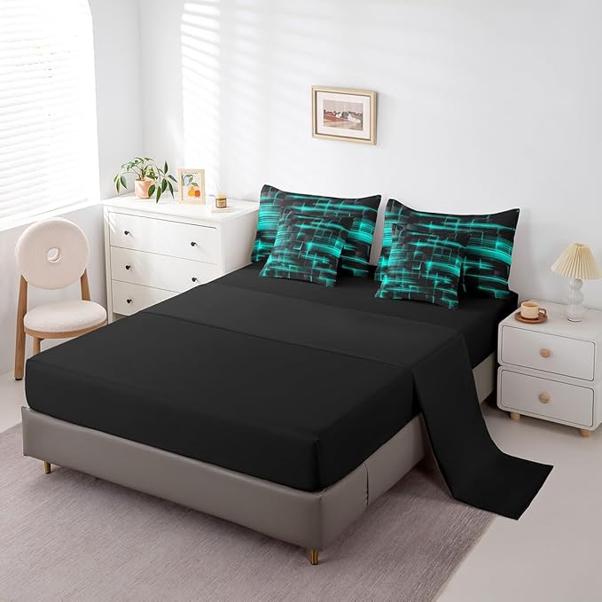 Feelyou TealBlue Black Bedding Set Twin Size Boys Girls Geometric Strip Lines Comforter Set with Sheets 7 Piece for Bed in a Bag Abstract Modern Bed Set with Comforter,Sheets,Pillowcases