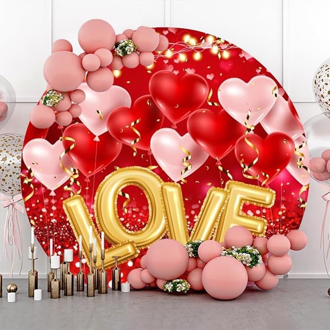 Valentine's Round Backdrop Cover Red Glitter Heart Balloons Love Lights Sweethearts Romantic Lover Photography Background Wedding Anniversary Party Banner Party Props 6.56ft
