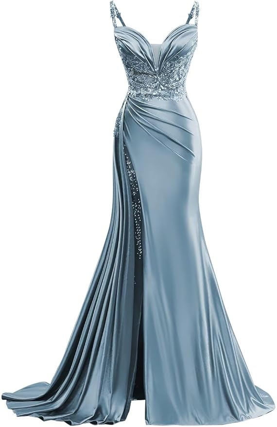 V Neck Satin Prom Dresses Long Mermaid Lace Evening Gown with Slit Pleated Bodycon Formal Dress with Tail