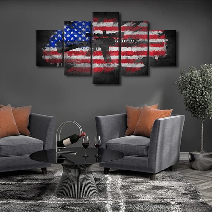Black and White Canvas Painting Prints and Poster American Flag with Gun 5 Panel Pictures Home Decor Living room Wall Decorations Modern Large Artwork Home Decor Stretched and Framed 60" Wx32 H