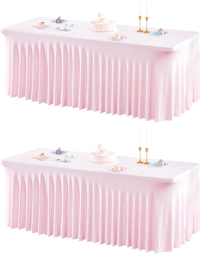 2 Packs Pink Table Clothes for 8 Foot Rectangle Tables, One-Piece Wrinkle Resistant Stretch Spandex Table Covers with Skirt for Event Banquet Wedding Birthday Party