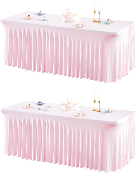 2 Packs Pink Table Clothes for 8 Foot Rectangle Tables, One-Piece Wrinkle Resistant Stretch Spandex Table Covers with Skirt for Event Banquet Wedding Birthday Party