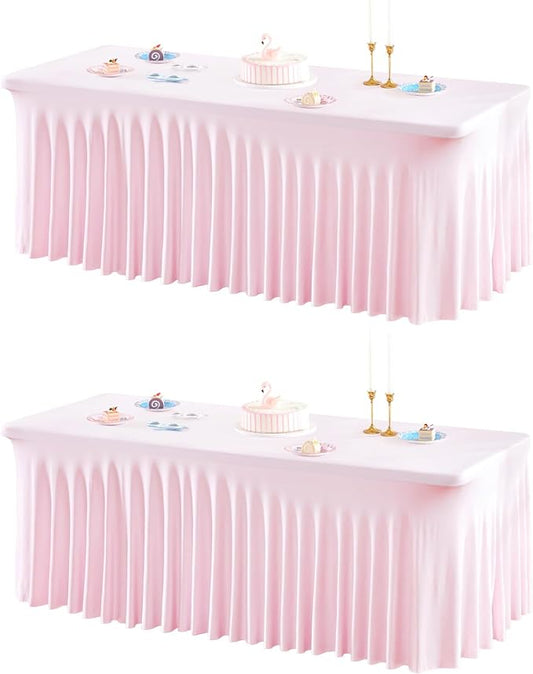 2 Packs Pink Table Clothes for 4 Foot Rectangle Tables, One-Piece Wrinkle Resistant Stretch Spandex Table Covers with Skirt for Event Banquet Wedding Birthday Party