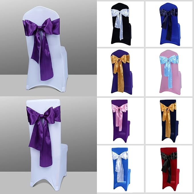 Babenest Satin Chair Sashes Ties Upgraded 50 pcs Chair Ribbons Bows for Wedding Banquet Party Christmas Baby Shower Events Decoration (Purple)