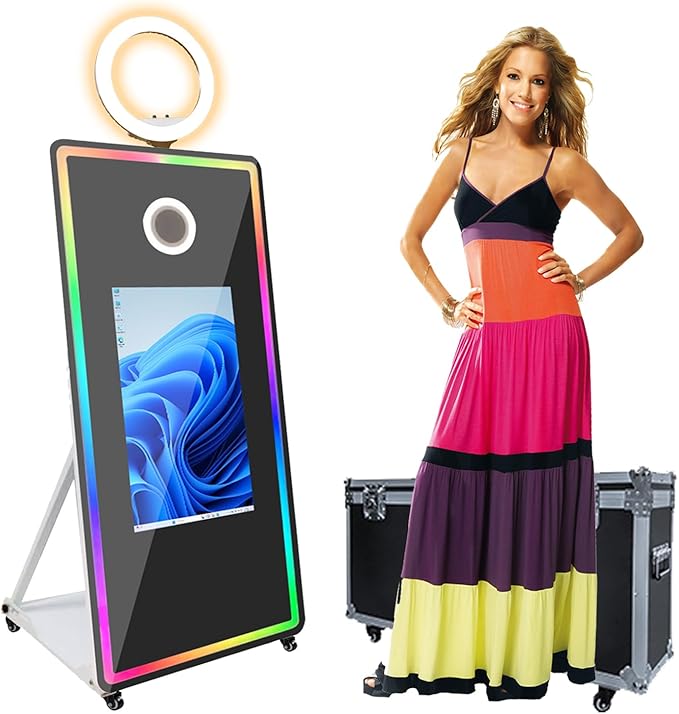Magic Mirror Photo Booth 32-inch Interactive Touch Screen Built-in Mini PC LED Mirror Photo Booth RGB Lights Selfie Photobooth Machine for Events Wedding Party Business Rental