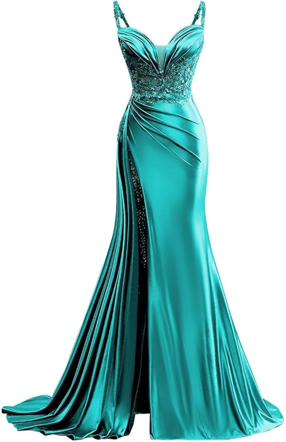 V Neck Satin Prom Dresses Long Mermaid Lace Evening Gown with Slit Pleated Bodycon Formal Dress with Tail