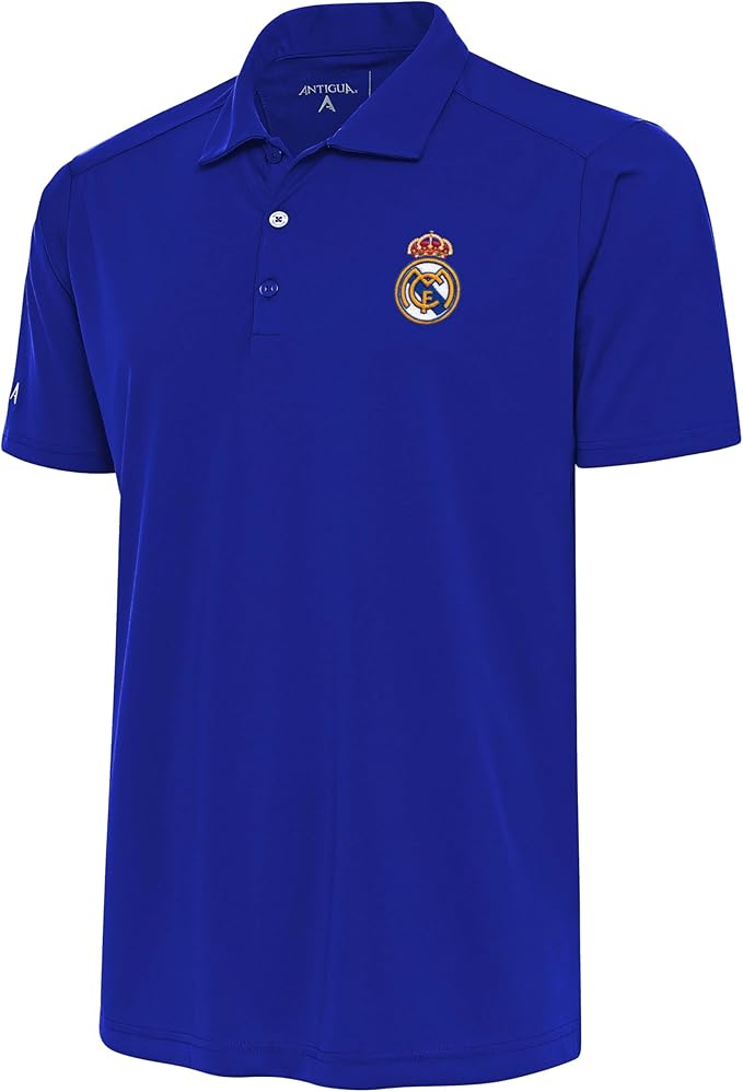 Antigua Real Madrid Men’s Tribute Polo, Performance Soccer Fan Golf Shirt in 100% Poly Jersey
