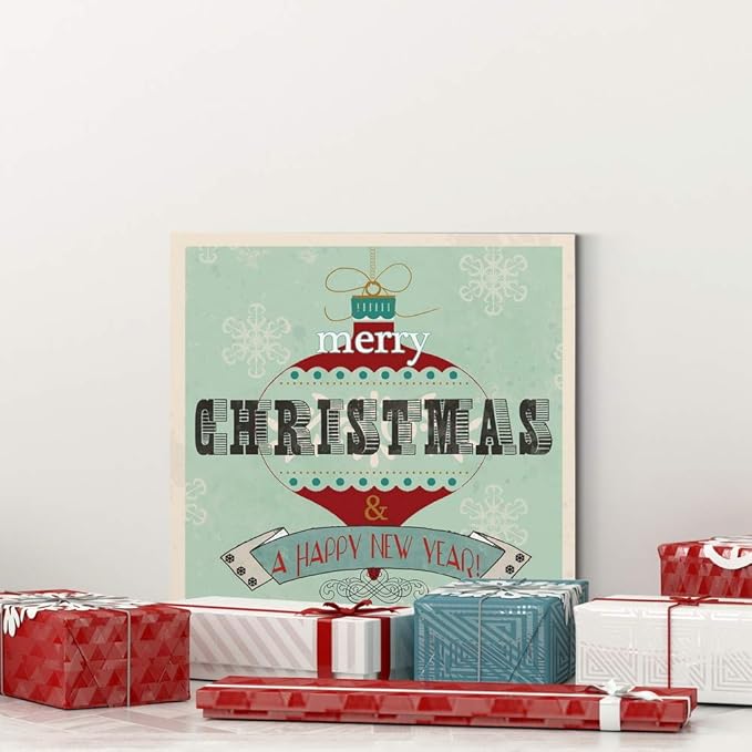 Renditions Gallery Merry Christmas & A Happy New Year Wall Art, Winter Artwork, Festive Ornament, Snowflake, Premium Gallery Wrapped Canvas Decor, Ready to Hang, 24 in H x 24 in W, Made in America