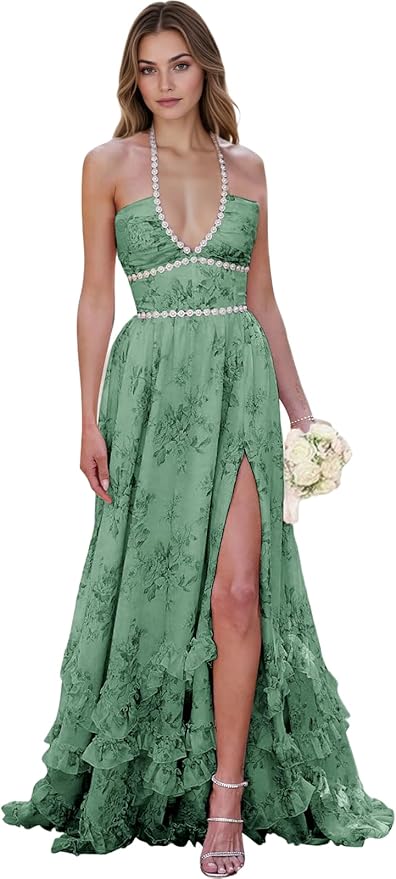 Floral Printed Chiffon Prom Dress for Carmen 2025 Long V Neck Floor Length Photoshoot Dress with Side Slit Ruched