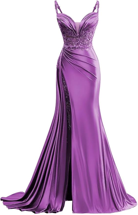 V Neck Satin Prom Dresses Long Mermaid Lace Evening Gown with Slit Pleated Bodycon Formal Dress with Tail