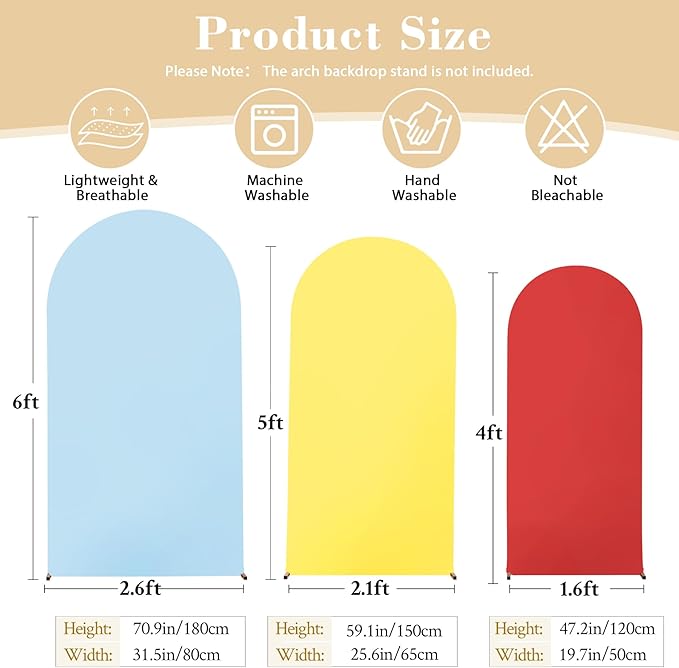 Red Yellow Blue Arch Backdrop Cover 3 Set-4FT, 5FT, 6FT Spandex Fitted Wedding Arch Stand Covers for Baby Shower Birthday Party Wedding Ceremony Photo Balloon Arch Stand Background Decorations