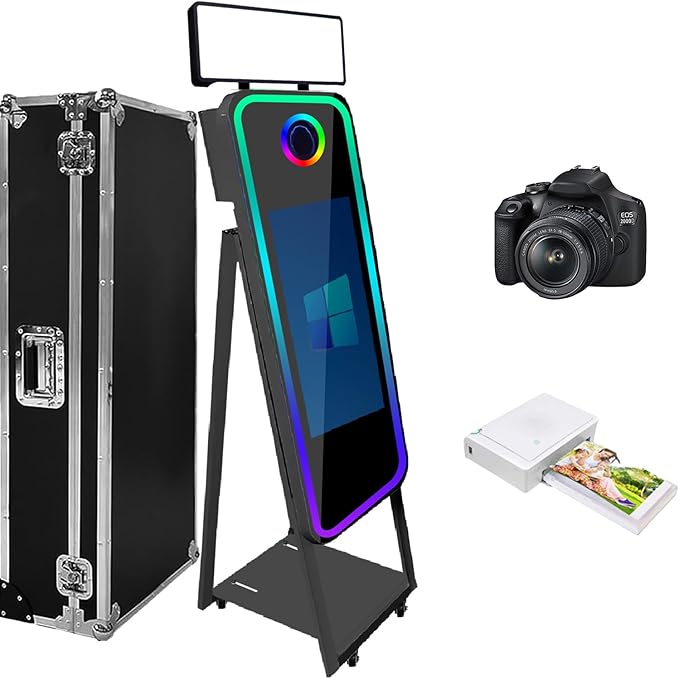 Magic Mirror Photo Booth,Mirror Photo Booth Interactive Touch Screen with Flight Case, Built-in Mini PC with Instant Print and Sharing for Event Party Wedding Rental (Black, 21.5''Screen Full set)