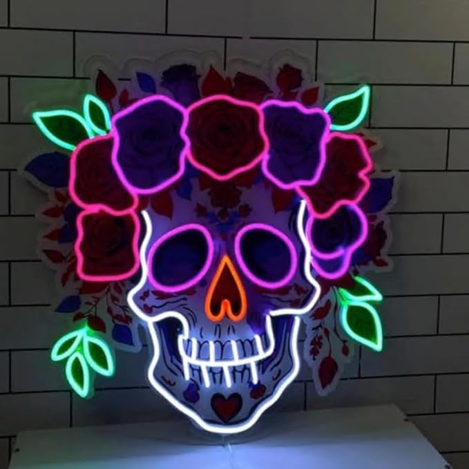Skull Flower Neon Acrylic Print Sign, Floral Sugar Skull Led Light Sign, Custom Neon Sign, Skull Wall Decor, Halloween Home Decor Size:18inches