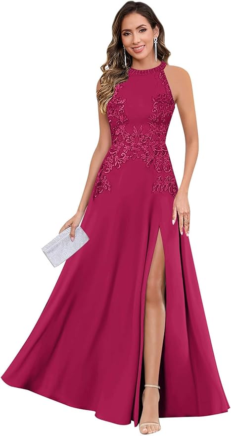 GUKARLEED Halter Lace Appliques Mother of The Bride Dresses for Women Long A-line Formal Wedding Guest Dress with Slit
