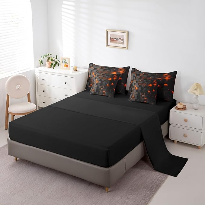Feelyou Orange and Black Bedding Set Full Size Kids Light Geometric Comforter Set with Sheets 7 Piece Bed in a Bag forModern Bed Set with Comforter,Sheets,Pillowcases,Cushion Covers