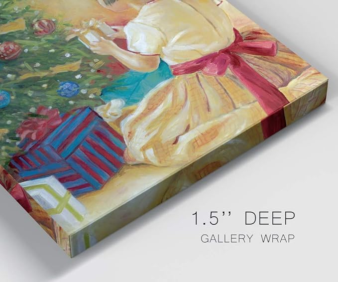 Renditions Gallery Christmas Morning Wall Art, Little Girl with Gift by Christmas Tree, Winter Artwork, Yellow & Red, Premium Gallery Wrapped Canvas, Ready to Hang, 32 in H x 32 in W, Made in America