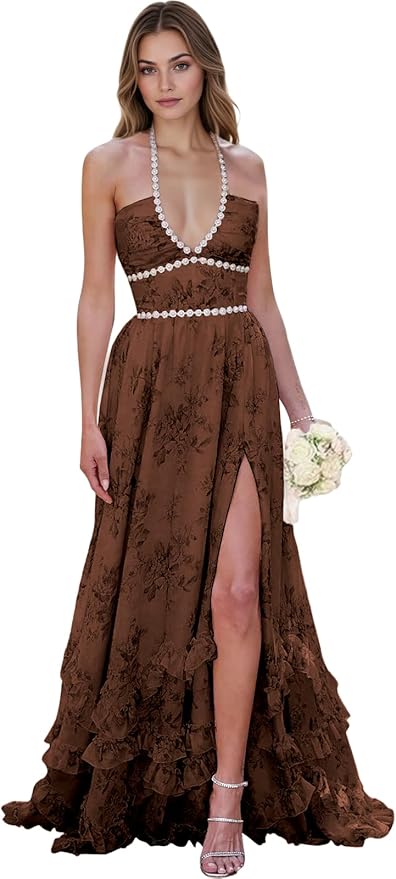 Floral Printed Chiffon Prom Dress for Carmen 2025 Long V Neck Floor Length Photoshoot Dress with Side Slit Ruched