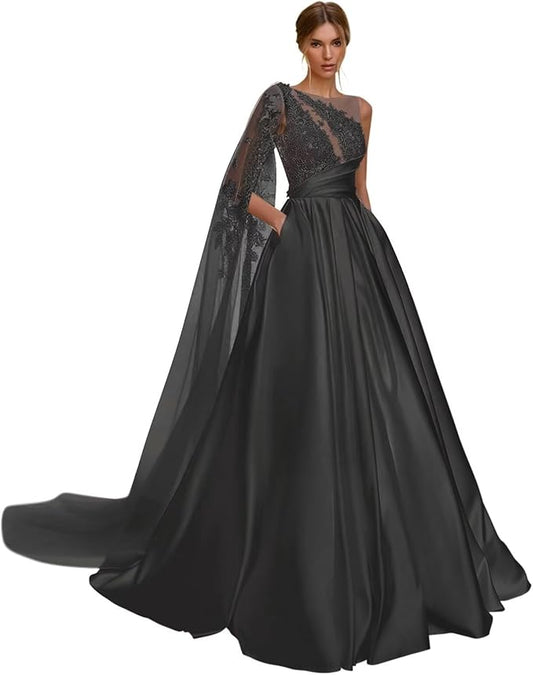 Zeeyecie Ruffle Satin Wedding Dresses 2025 A-Line Crew Neck Lace Applique Sequins Beads Sparkly Bridal Gown with Pockets