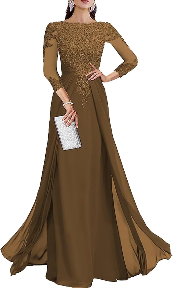 Long Sleeve Mother of The Bride Dresses for Wedding Lace Appliques Chiffon Formal Dress He6052