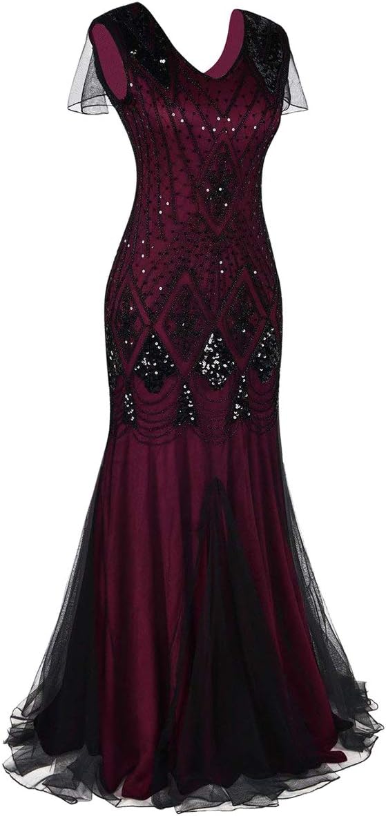 Women Vintage 1920s Gatsby Flapper Evening Party Dress V Neck Art Deco Sequins Mermaid Hem Cocktail Formal Long Maxi Gown