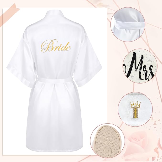 Berlune 14 Pcs Bride Gifts Box Sets Include Short Satin Robes Canvas Tote Bag Stainless Steel Glasses Slippers Wedding Gifts