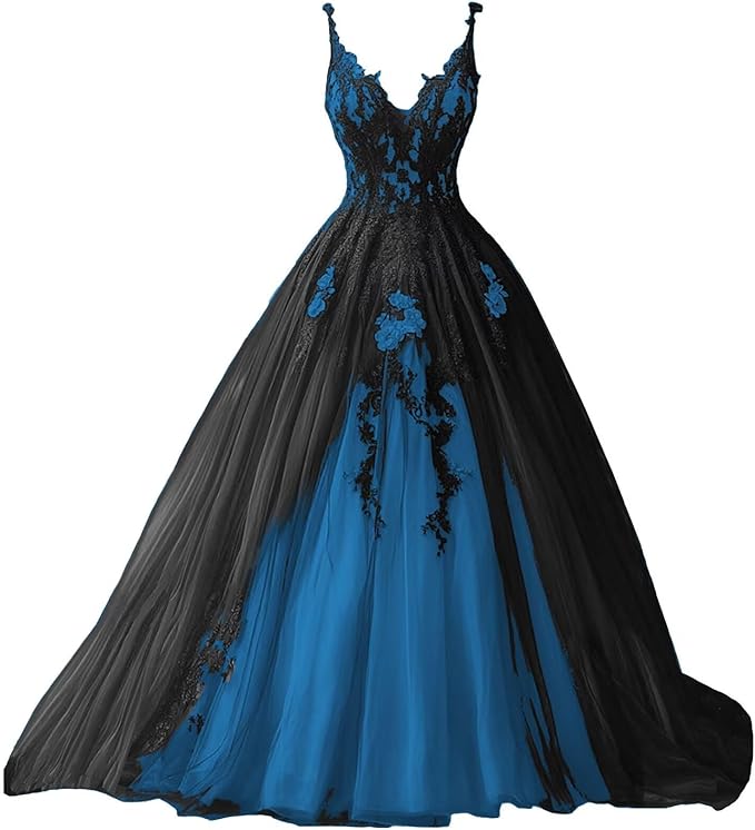 TRHTX Spaghetti Straps Wedding Dresses for Bride Layered Tulle Gothic Black Bridal Gowns Lace Applique Wedding Gowns