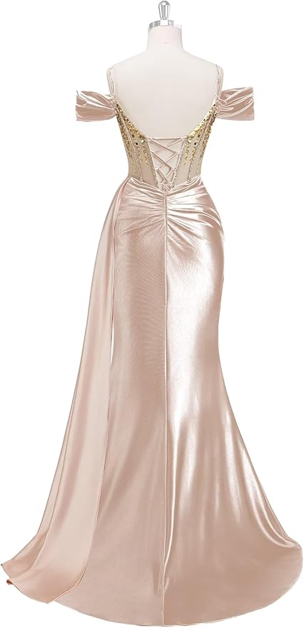 Rjer Off The Shoulder Satin Prom Dresses Long with Slit Tail 2026 Sequin Beaded Pleated Evening Ball Gown for Women Formal