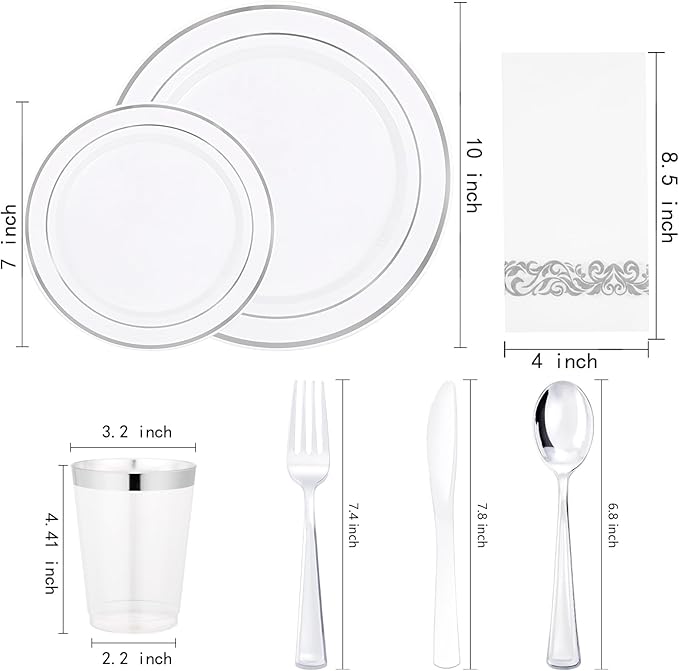 Supernal 800Pcs Silver Plastic Plates,Silver Plastic Dinnerware Set,Disposable Silvery Plates Include 100 Dinner Plate,100 Salad Plate,100 Spoons,200 Forks,100 Knives,100 Cups,100 Napkins for Party