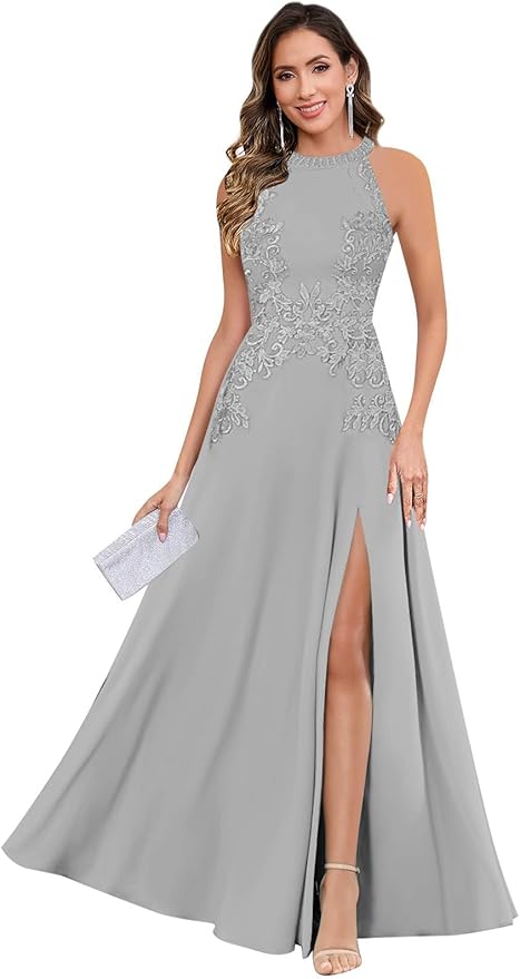 GUKARLEED Halter Lace Appliques Mother of The Bride Dresses for Women Long A-line Formal Wedding Guest Dress with Slit