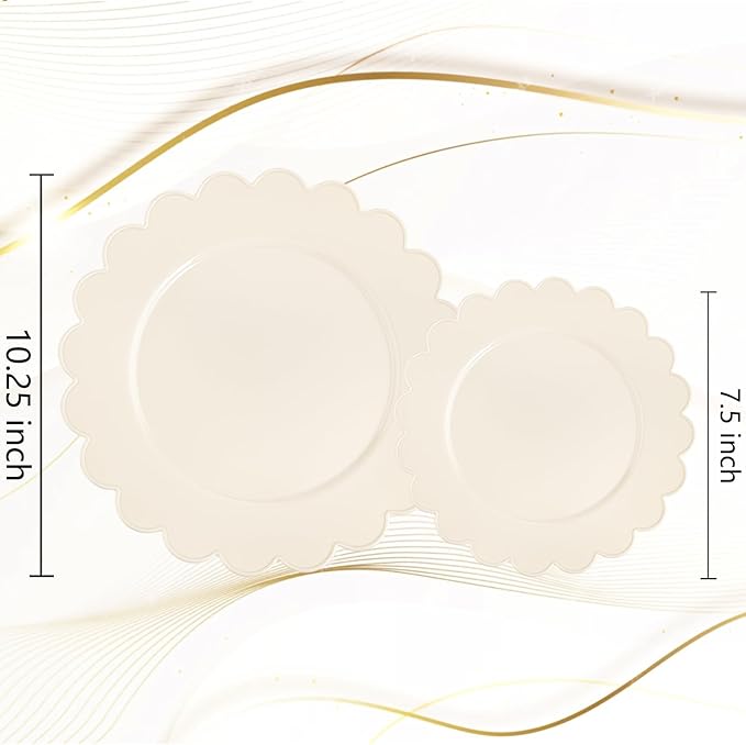supernal 100pcs Ivory Plastic Plates Fancy Disposable Scalloped Plates for Party Heavy Duty for Party,Wedding,Brthdays Bridal Shower Plate Include 50 Plastic Dinner & Dessert Plate