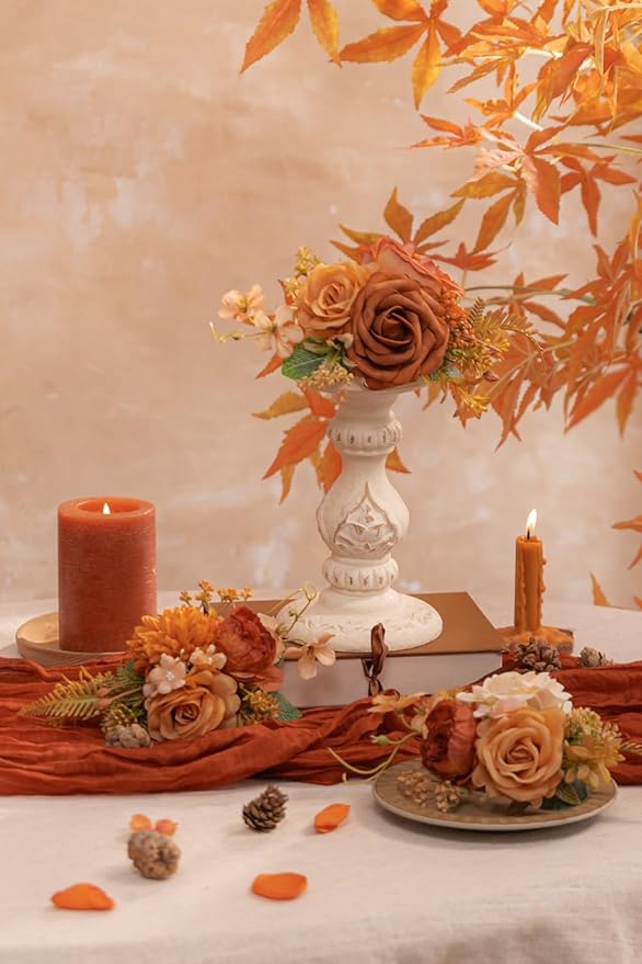 TINGE TIME 3Pcs Pre-made Cake Toppers，Silk Artificial Flowers Decor，Cake Decorations for Weddings, Birthdays, Party,Baby Shower,Celebration (Burnt Orange)