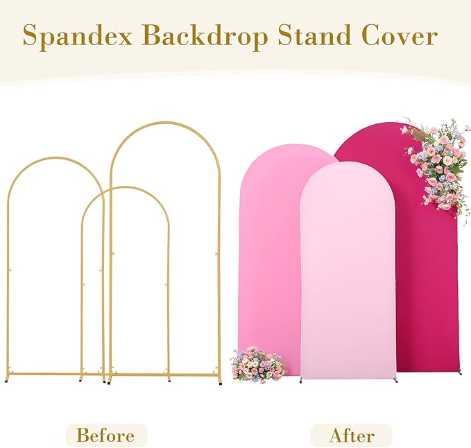 Pink Arch Backdrop Cover 3 Set-8FT, 7.2FT, 6.6FT, Spandex Fitted Wedding Arch Stand Covers for Baby Shower Girls Birthday Party Wedding Ceremony Banquet Photo Arch Stand Background Decorations