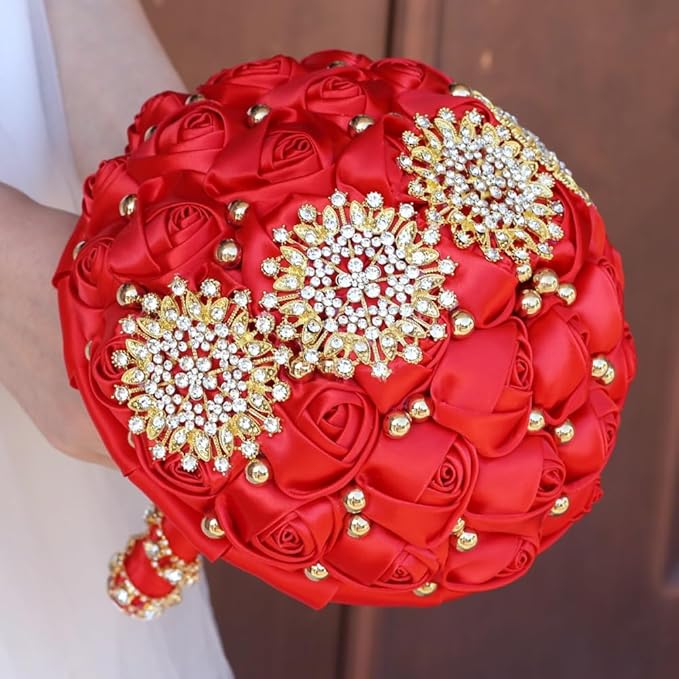 Red Bridal Wedding Bouquet with Luxury Gold Rhinestone Brooch Pearls Bouquet for Bride Bridesmaid Quinceanera Satin Rose Flower Bouquet Wedding Red 7.1in
