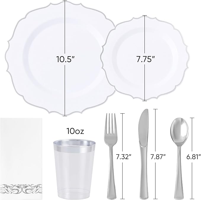 350 PCS Silver Disposable Plates, Scalloped Dinnerware Set for 50 Guests, 100 Plastic Plates, 150 Silverware, 50 Cups & 50 Paper Napkins, Silver