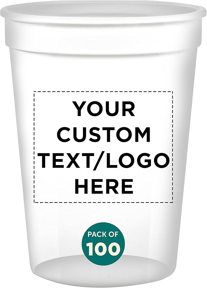 Custom Disposable Plastic Cups 12 oz. Set of 100, Personalized Bulk Pack - Perfect for Summer, Sporting Events, Birthdays, Weddings, Picnic, Beach, Parties - Clear
