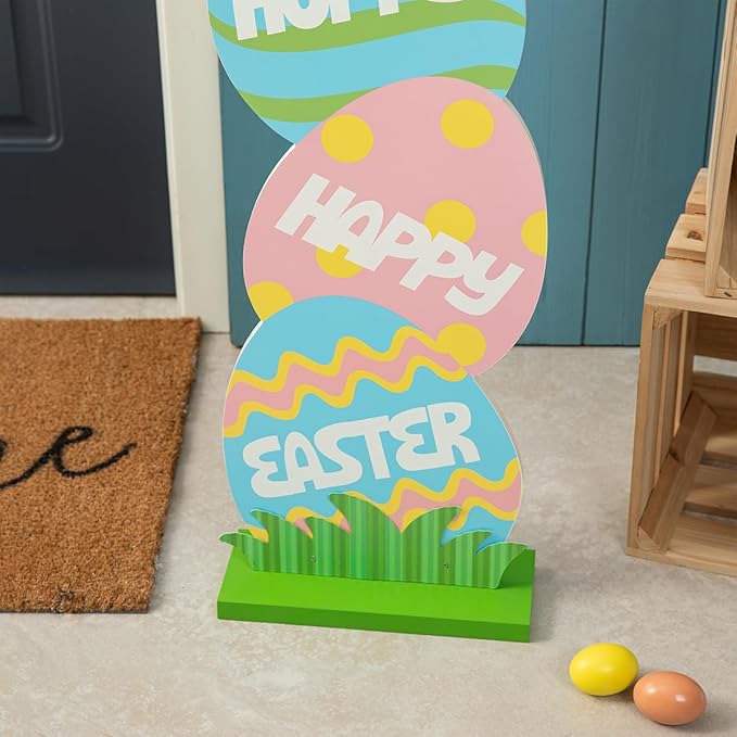 Glitzhome 42" H Happy Easter Porch Sign, Farmhouse Rustic Wooden Bunny and Eggs Porch Decor Standing Sign for Front Door Porch Decorations