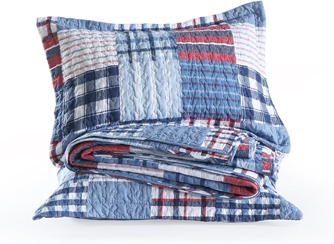 Cotton Bedding Quilt Sets Reversible Real Patchwork Coverlet Sets All Season Blue Bedspread, Plaid Patchwork Pattern,Queen Size